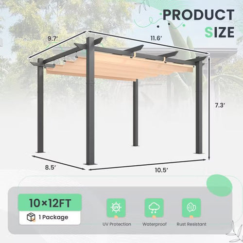 10' X 12' Outdoor Pergola With Retractable Canopy, Heavy-Duty Metal Frame And Adjustable Patio Shade Roof