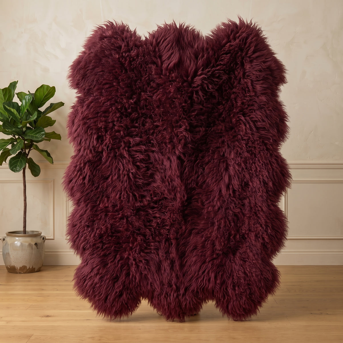 Genuine Burgundy Sheepskin Rug – Multi-Pelt Shaggy Wool Area Rug