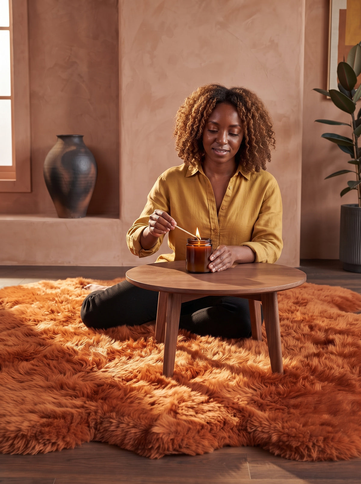 Genuine Burnt Orange Sheepskin Rug – Multi-Pelt Shaggy Wool Area Rug