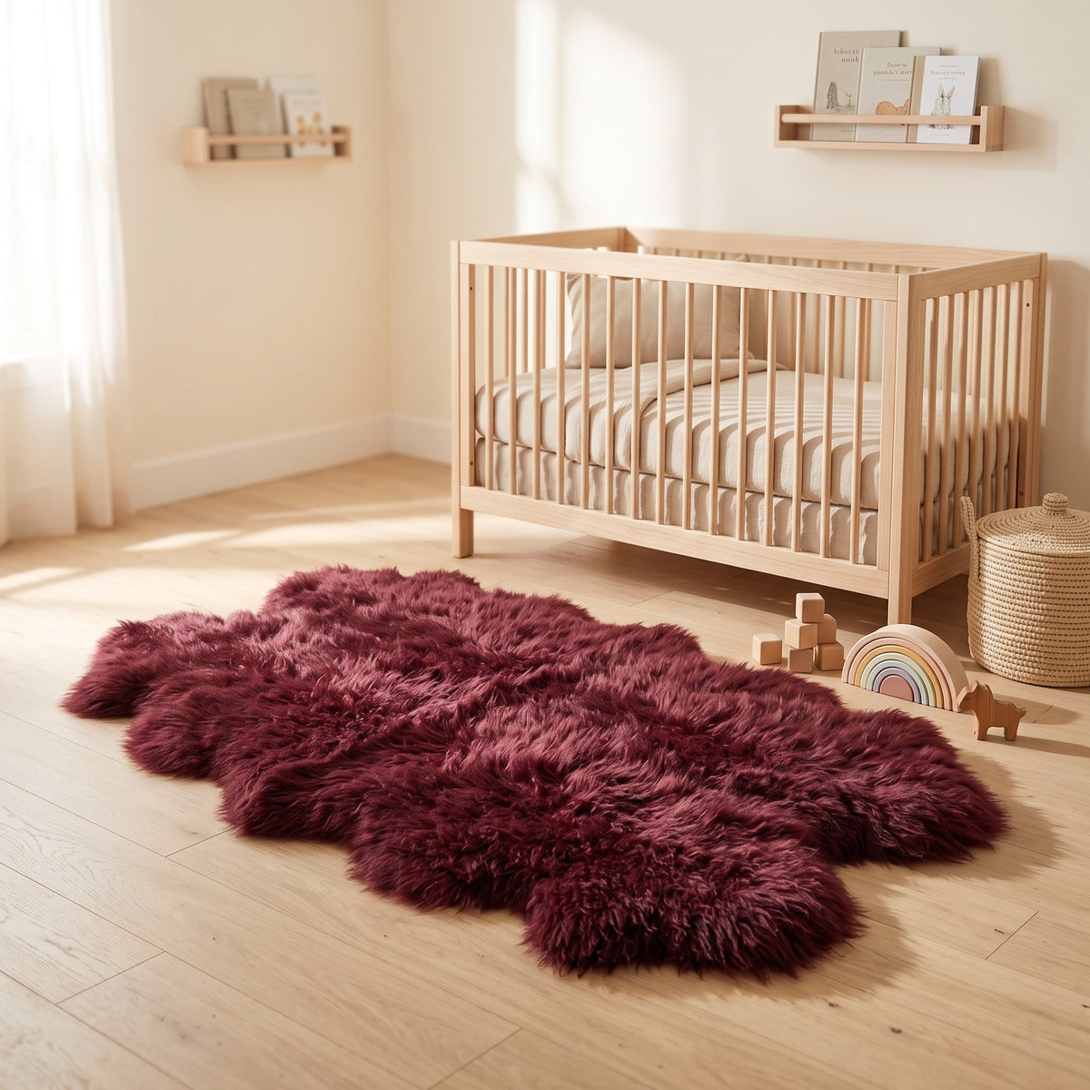 Genuine Burgundy Sheepskin Rug – Multi-Pelt Shaggy Wool Area Rug