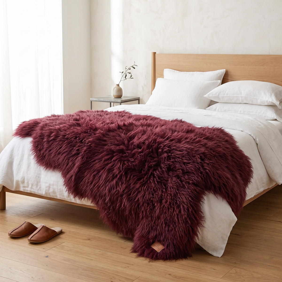 Genuine Burgundy Sheepskin Rug – Multi-Pelt Shaggy Wool Area Rug