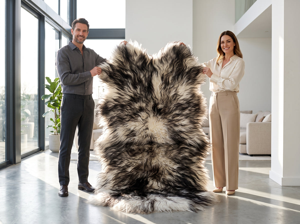 Large Icelandic Sheepskin Rug – Black & White Long Wool Shaggy Area Rug