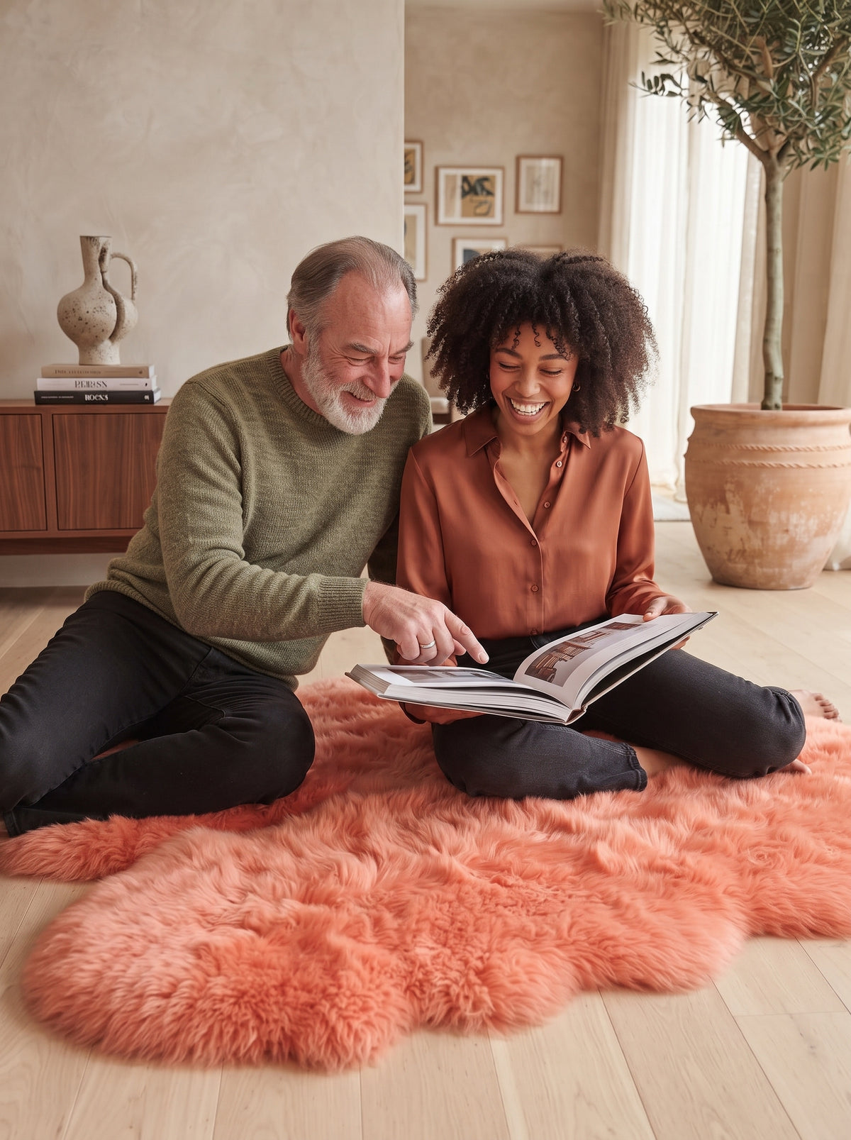 Genuine Coral Pink Sheepskin Rug – Quad-Pelt Shaggy Wool Area Rug