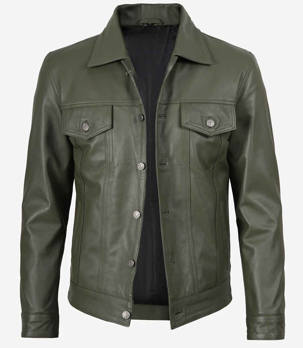 Men's Olive Green Four-Pocket Leather Trucker Jacket
