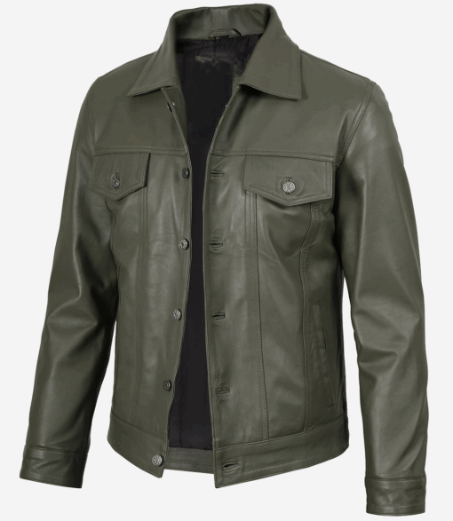 Men's Olive Green Four-Pocket Leather Trucker Jacket
