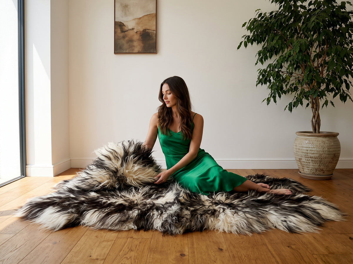 Large Icelandic Sheepskin Rug – Black & White Long Wool Shaggy Area Rug