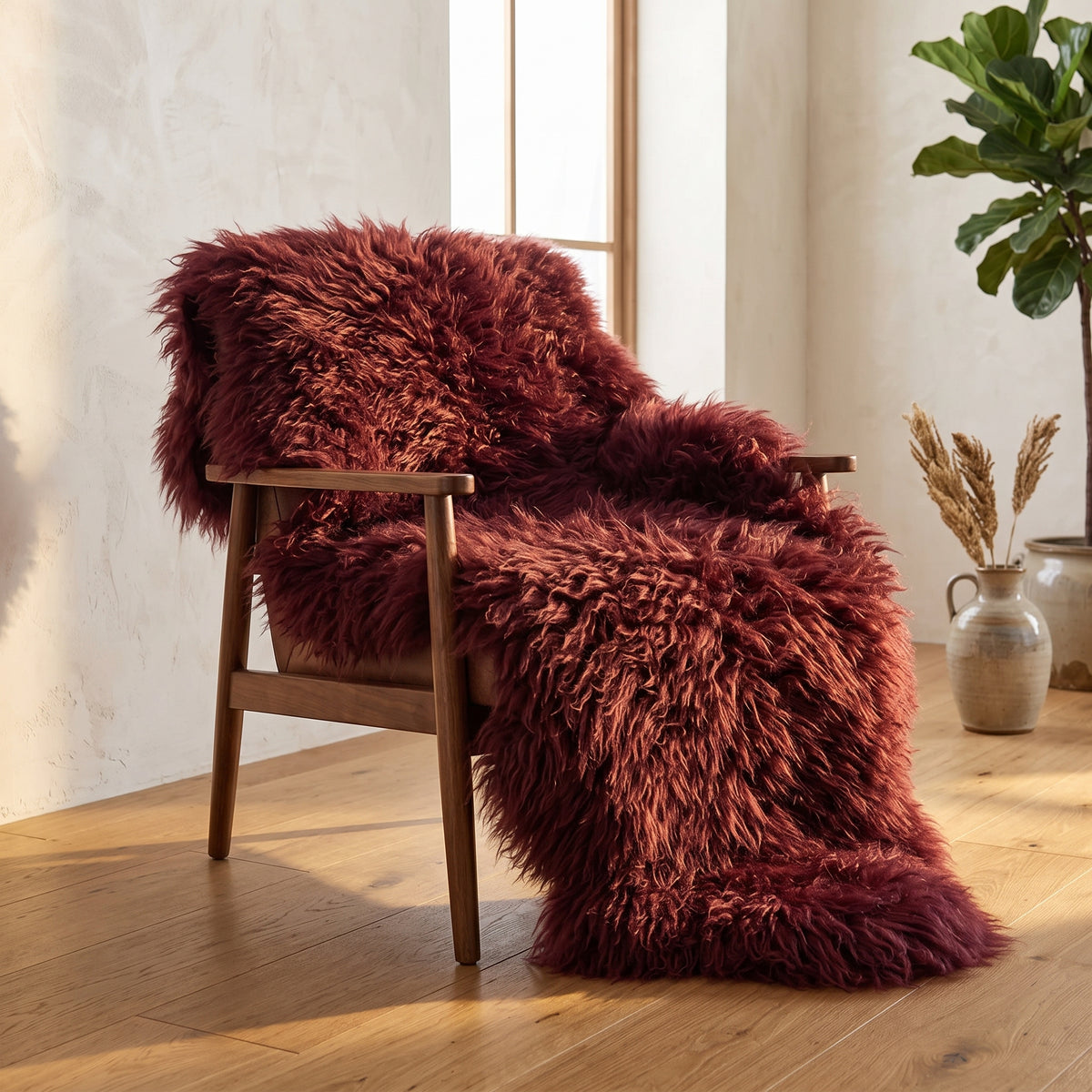 Genuine Burgundy Sheepskin Rug – Multi-Pelt Shaggy Wool Area Rug