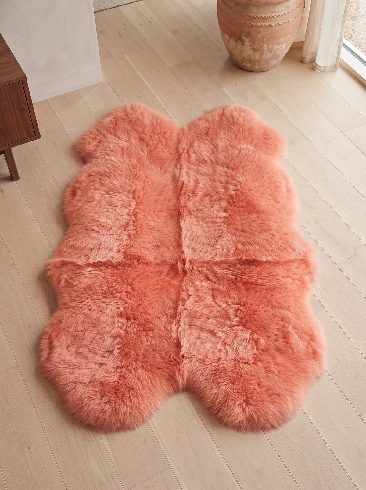 Genuine Coral Pink Sheepskin Rug – Quad-Pelt Shaggy Wool Area Rug