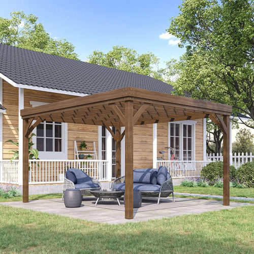 10' x 12' Outdoor Pergola, Wood Gazebo Grape Trellis with Concrete Anchors for Climbing Plant Support at Garden, Patio, Backyard, Deck, Brown