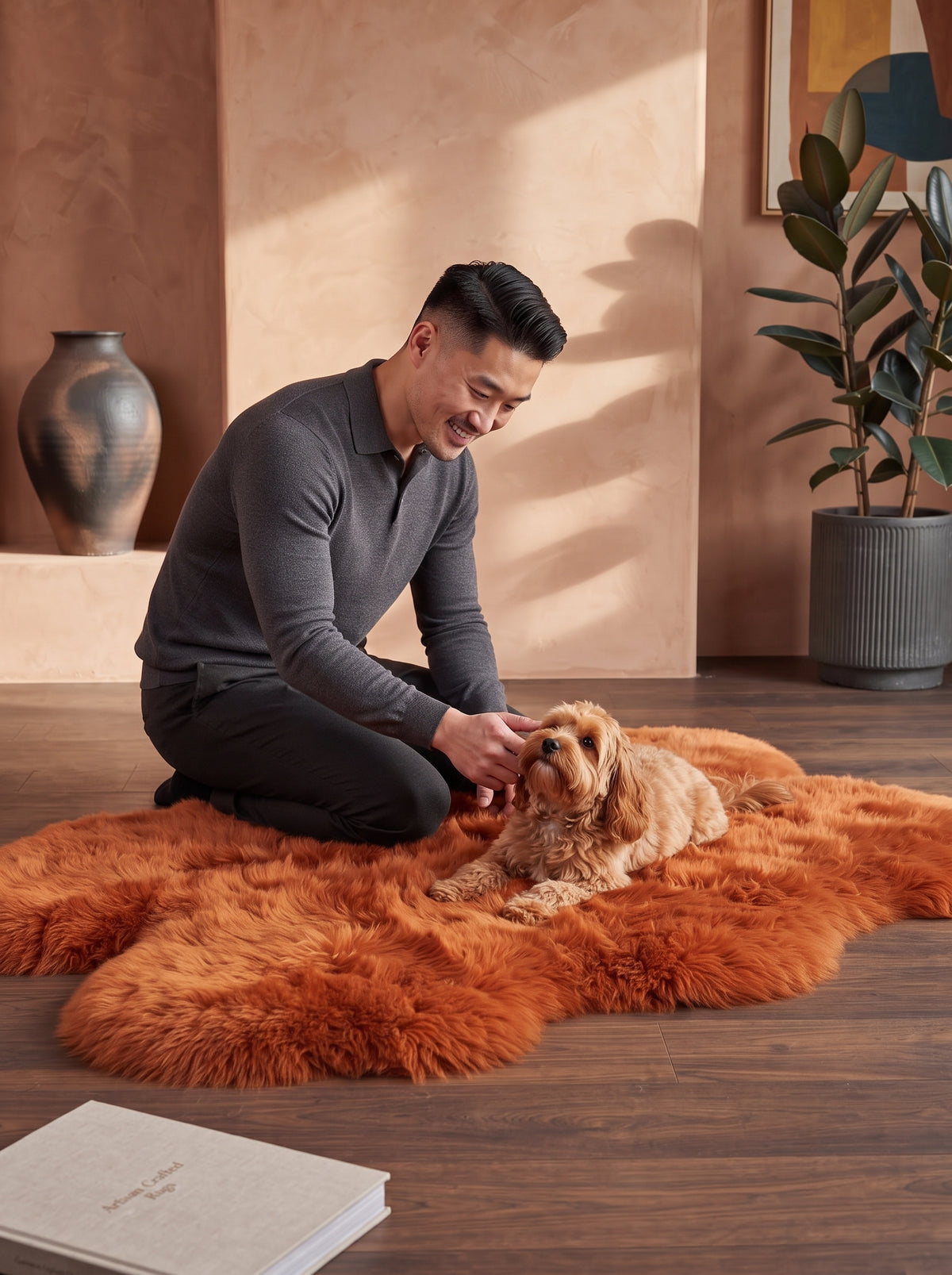 Genuine Burnt Orange Sheepskin Rug – Multi-Pelt Shaggy Wool Area Rug