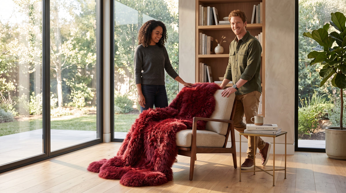 A man and a woman stand in a bright modern room next to a beige armchair, holding a deep burgundy shaggy faux-fur throw blanket. The room features large floor-to-ceiling windows, a wooden bookshelf, and a small side table.