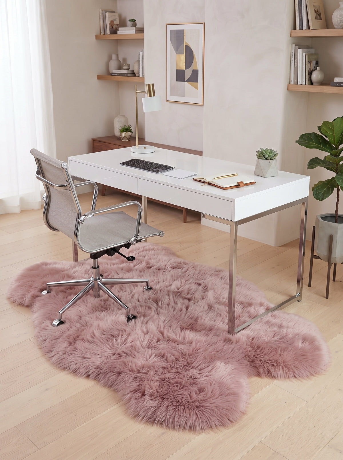 A fluffy blush pink sheepskin rug on a light wood floor in a modern home office setting with a white desk, gray office chair, and wooden shelves.