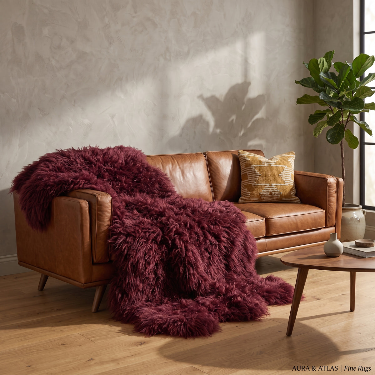 Genuine Burgundy Sheepskin Rug – Multi-Pelt Shaggy Wool Area Rug