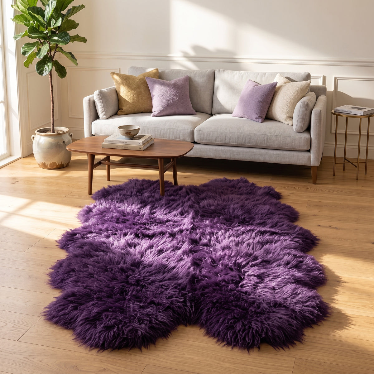 Genuine Purple Sheepskin Rug – Multi-Pelt Shaggy Wool Area Rug