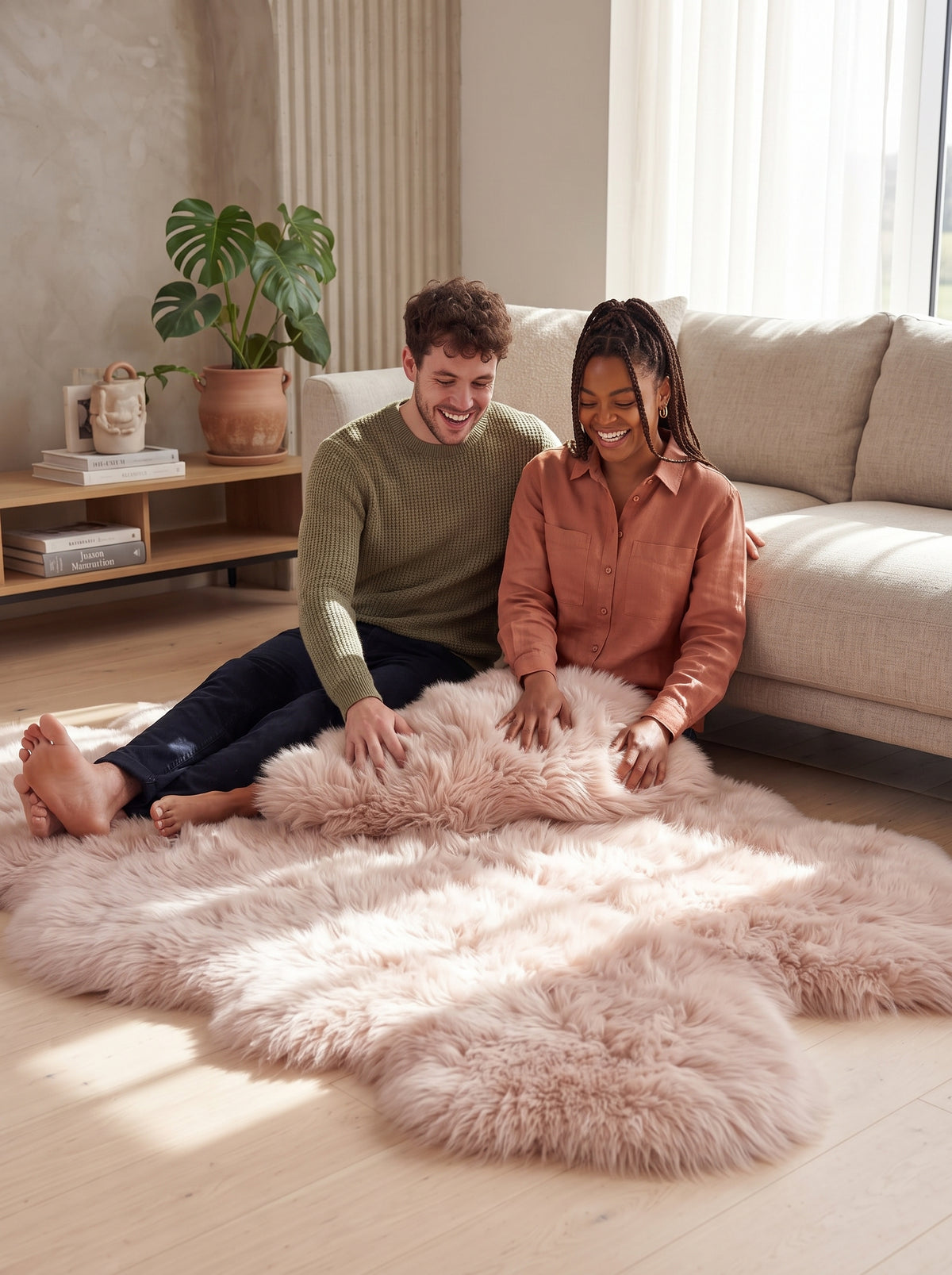 A fluffy pale blush pink sheepskin-style area rug spread across a light wood floor in a bright living room, with a smiling couple sitting on it beside a beige sofa.