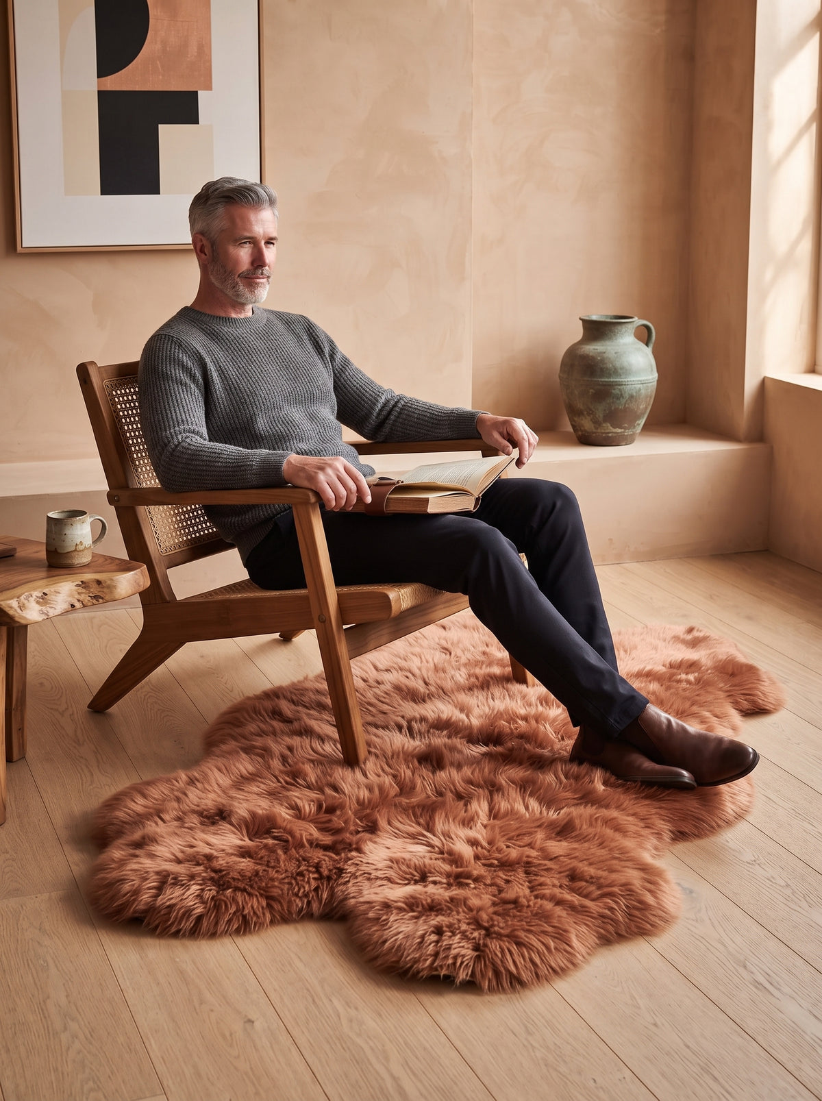 A man sits in a wooden armchair reading on a fluffy brown sheepskin rug in a warm, modern room with beige walls and wood floors.