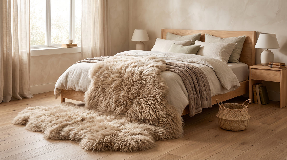 Genuine Champagne Sheepskin Rug – Multi-Pelt Shaggy Wool Area Rug