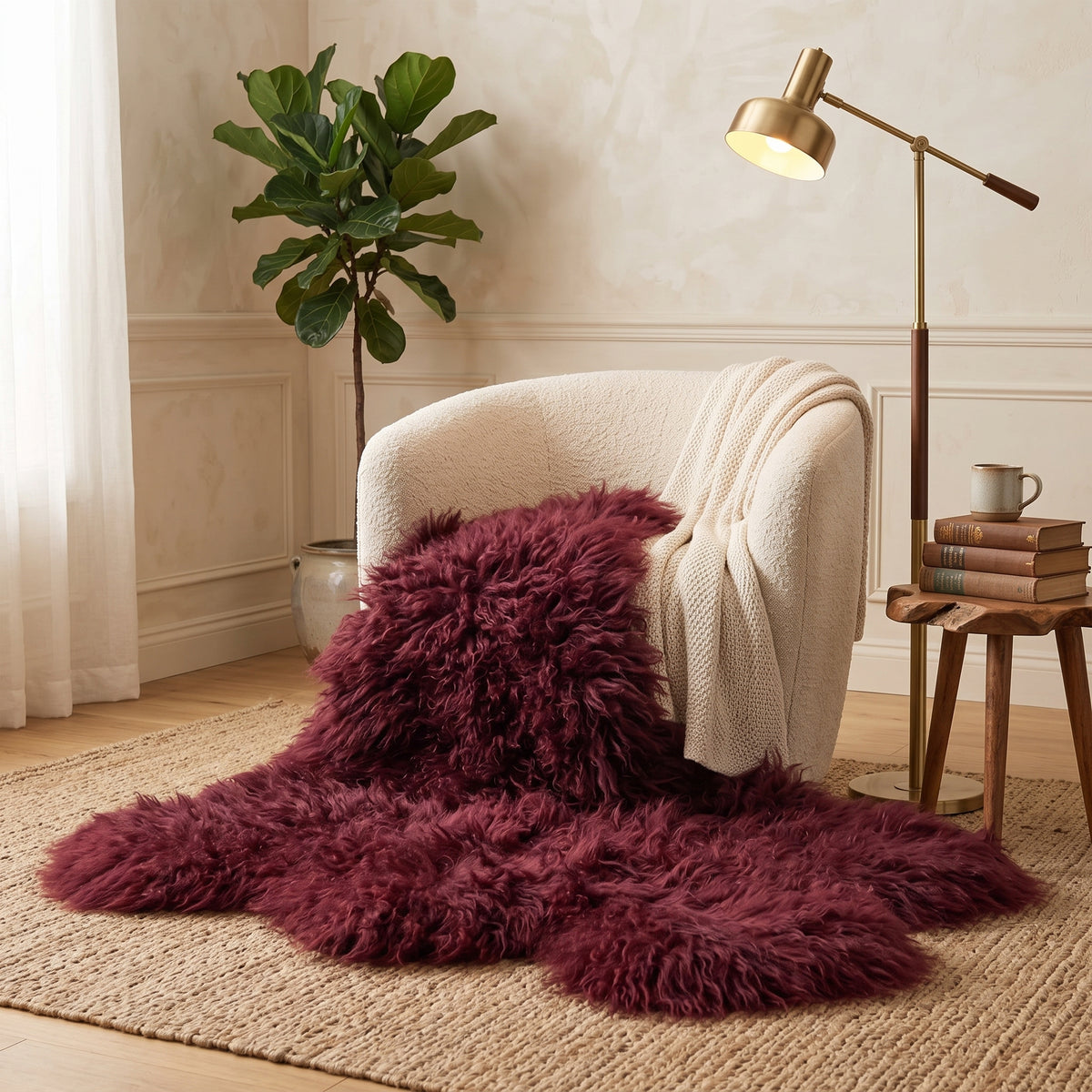 Genuine Burgundy Sheepskin Rug – Multi-Pelt Shaggy Wool Area Rug
