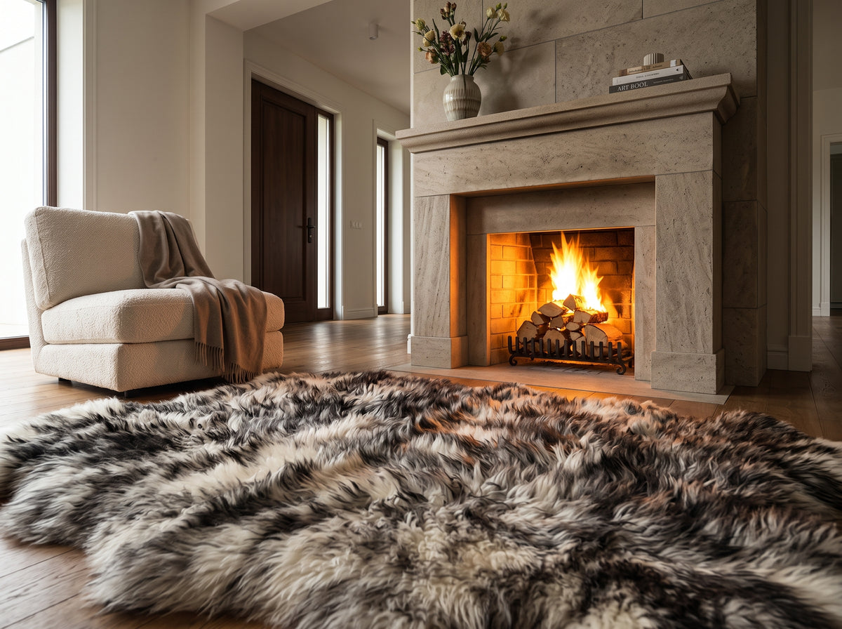 Large Genuine Sheepskin Rug – Shaggy Black, Grey & Cream Multi-Pelt Area Rug