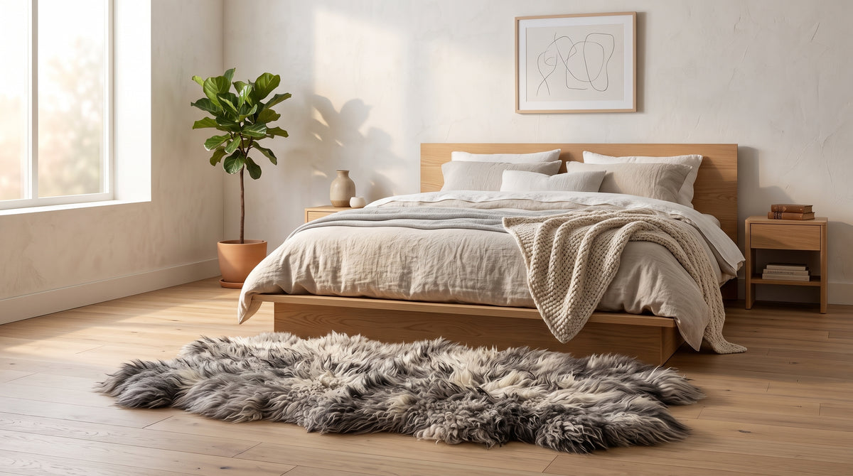 Genuine Two-Tone Sheepskin Rug – Black & White Long Wool Shaggy Area Rug