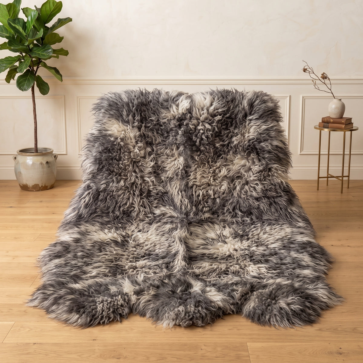 Genuine Two-Tone Sheepskin Rug – Black & White Long Wool Shaggy Area Rug