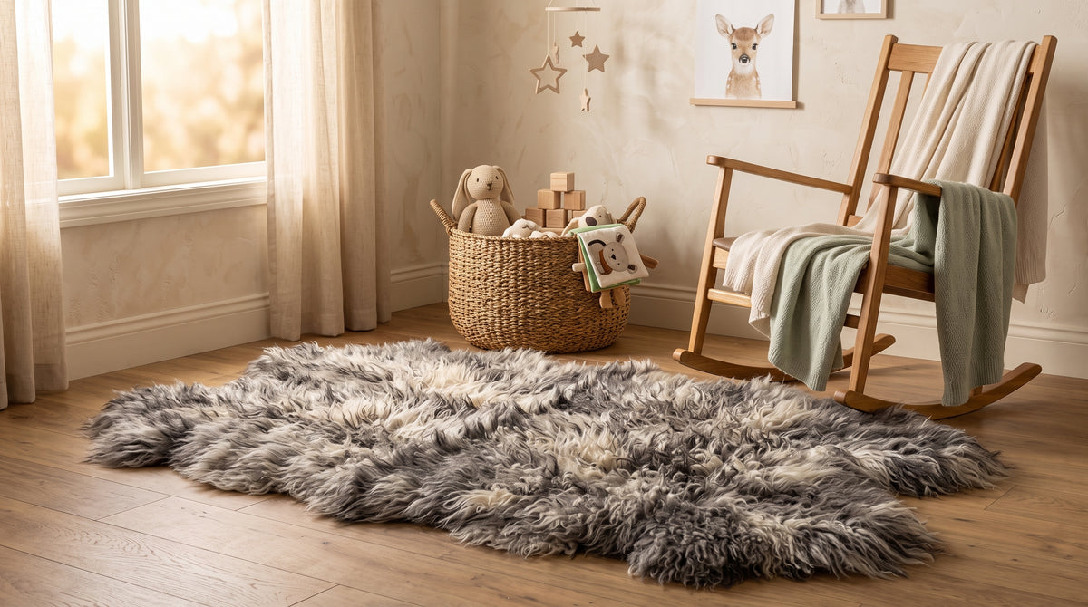 Genuine Two-Tone Sheepskin Rug – Black & White Long Wool Shaggy Area Rug
