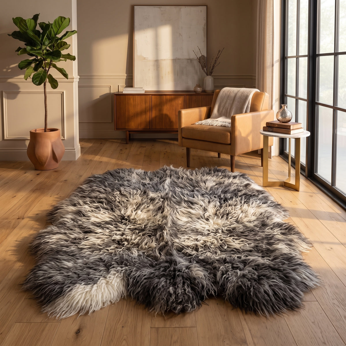 Genuine Two-Tone Sheepskin Rug – Black & White Long Wool Shaggy Area Rug