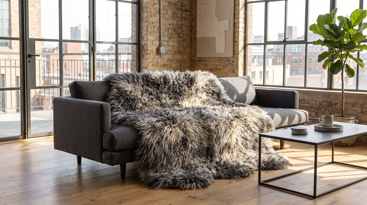 Genuine Two-Tone Sheepskin Rug – Black & White Long Wool Shaggy Area Rug