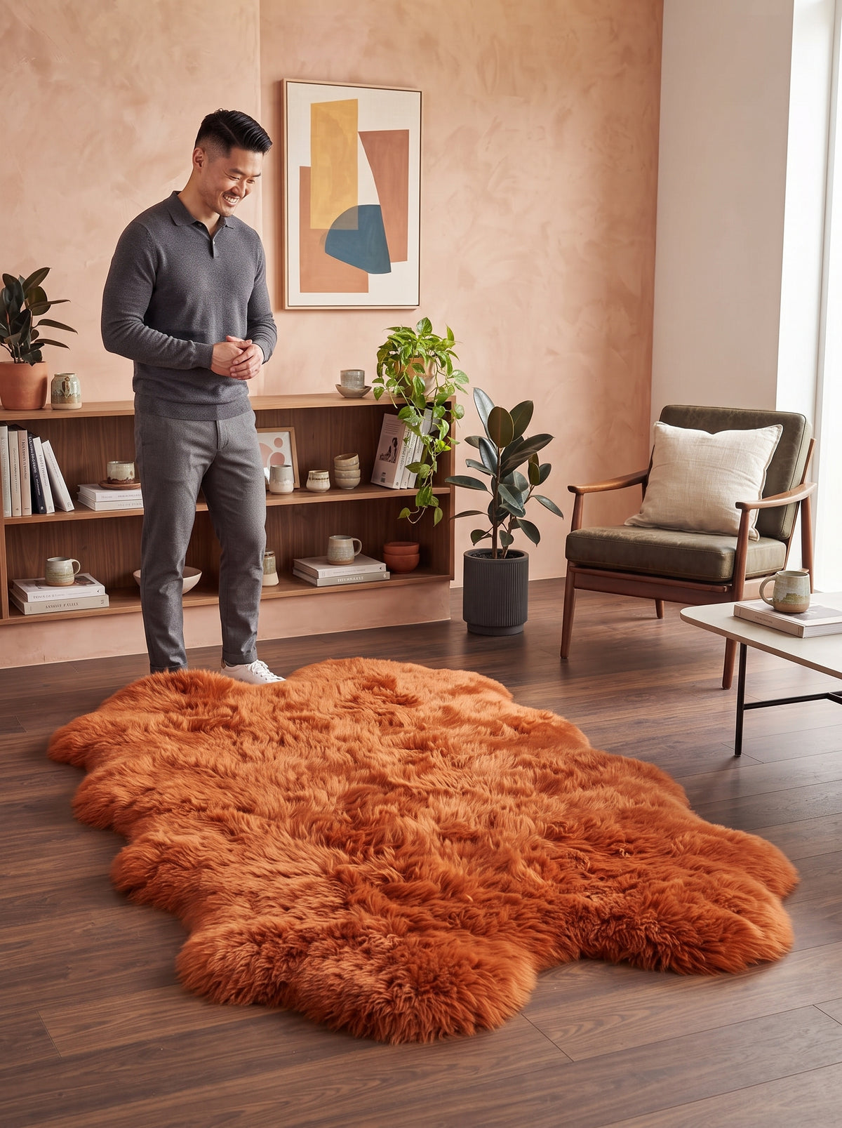 Genuine Burnt Orange Sheepskin Rug – Multi-Pelt Shaggy Wool Area Rug