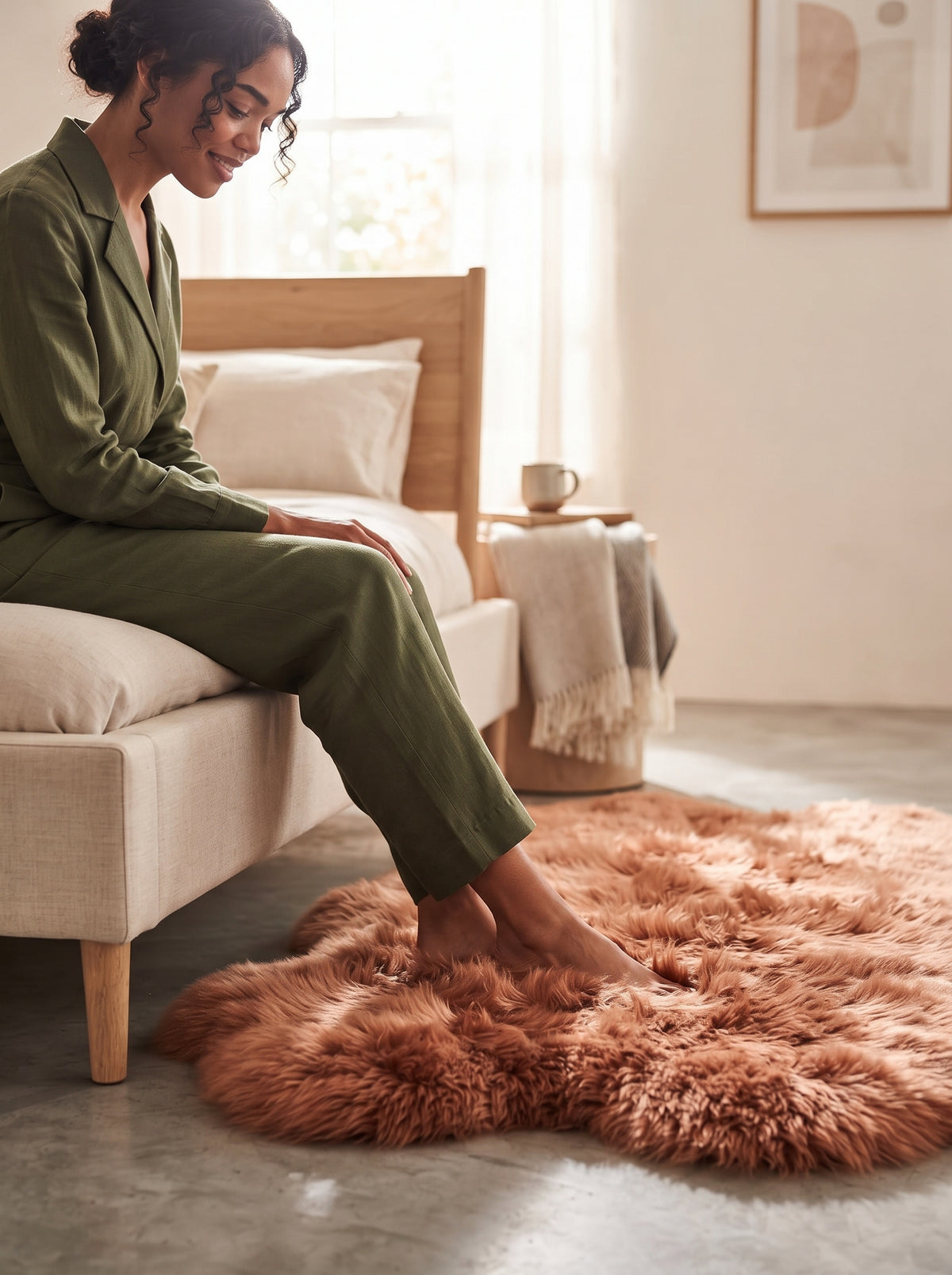 A woman in an olive green pajama set sits on a light beige sofa in a bright bedroom, with her bare feet on a fluffy rust-brown sheepskin rug.