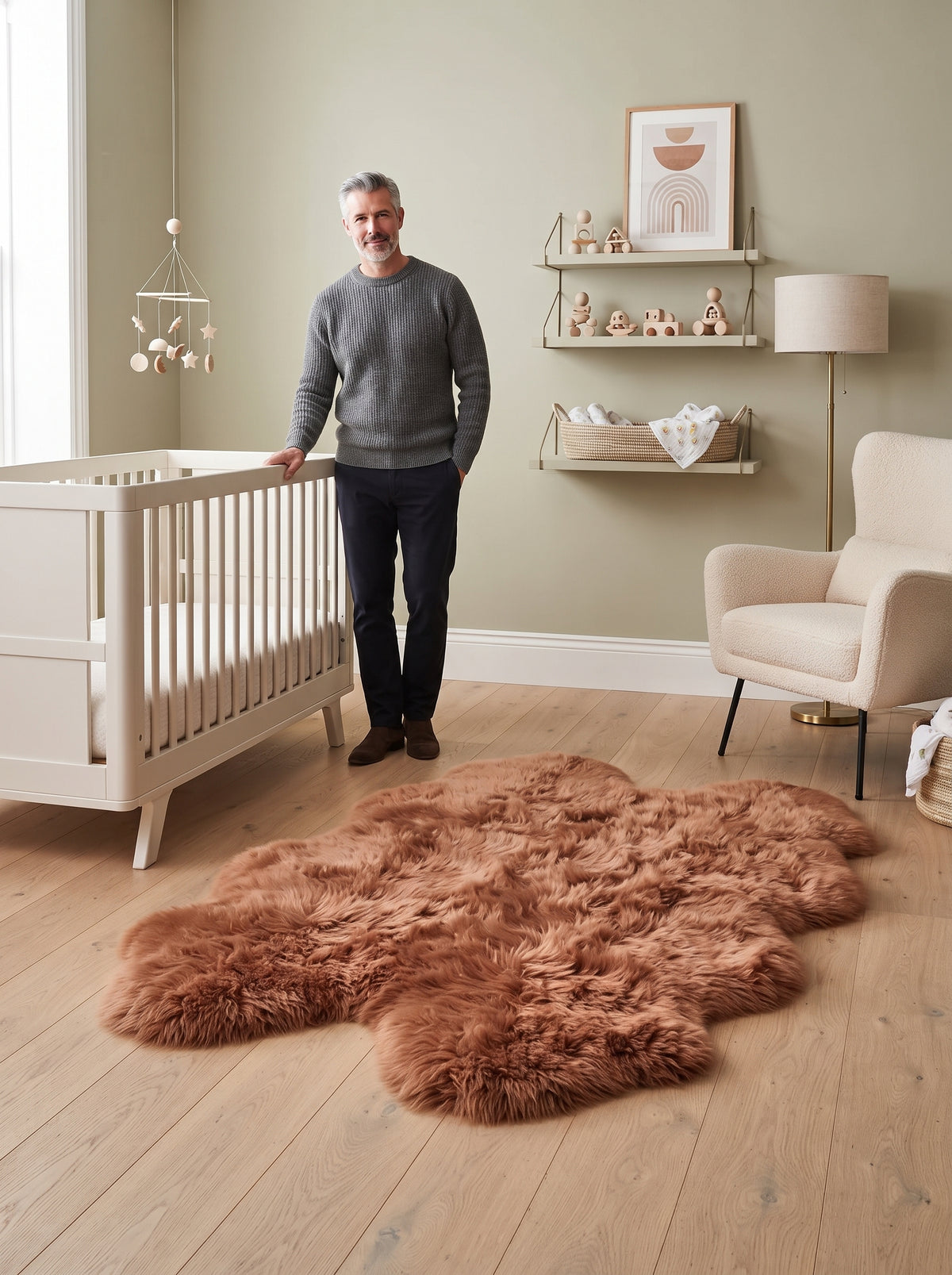 A man stands in a styled nursery next to a white crib, with a large brown shaggy faux-fur rug on a light wood floor in front of him. The room has a sage green wall, a cream armchair, and wall shelves.