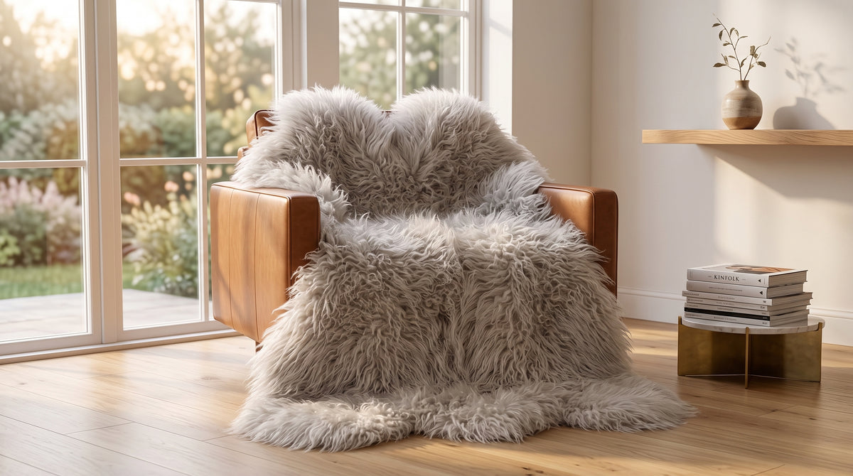 Genuine Ivory Sheepskin Rug – Multi-Pelt Shaggy Wool Area Rug
