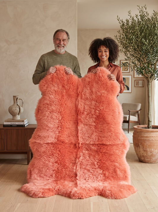 Genuine Coral Pink Sheepskin Rug – Quad-Pelt Shaggy Wool Area Rug