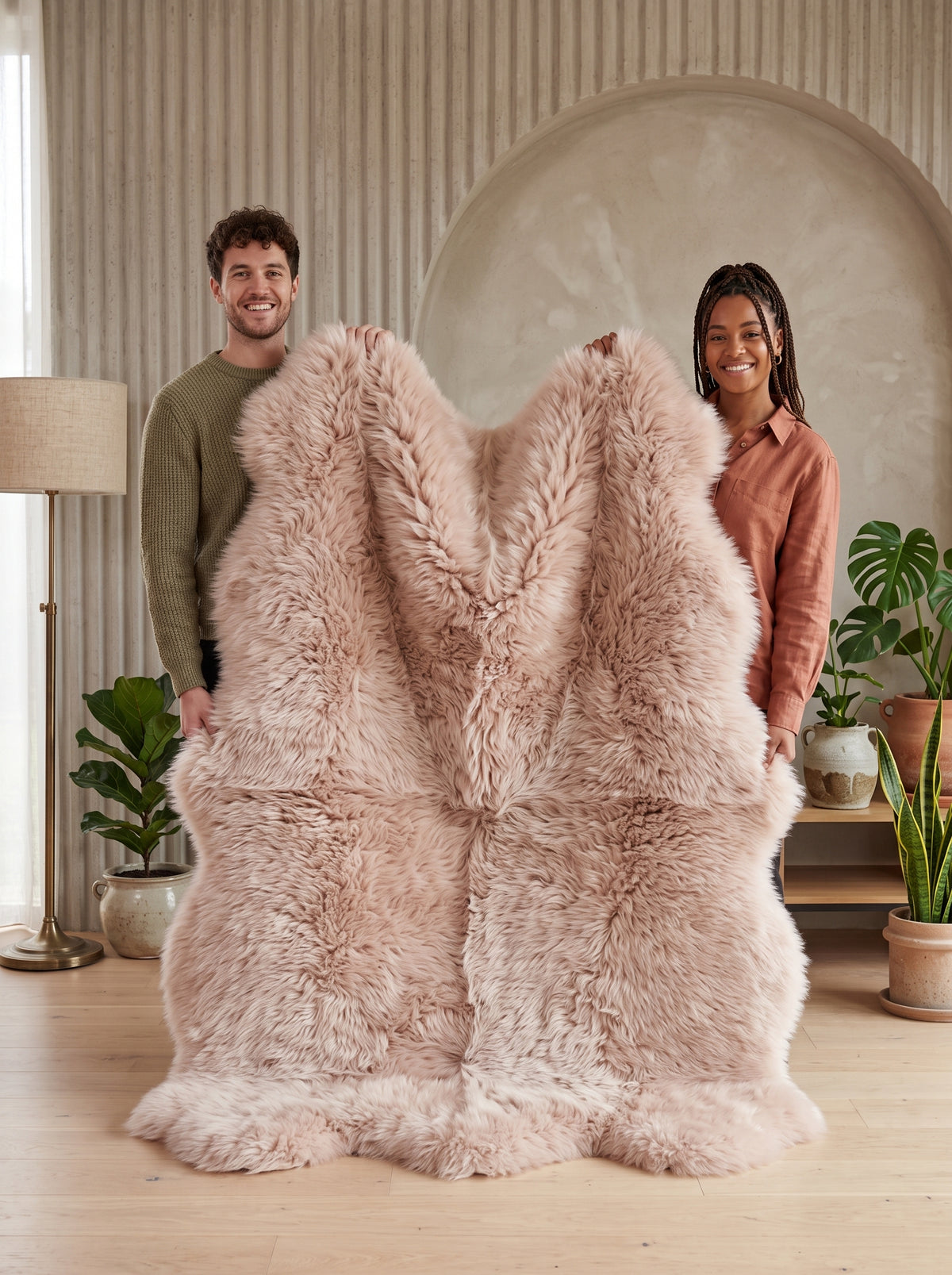 A large, fluffy pale blush-beige sheepskin or faux-sheepskin rug is draped across the floor in a styled indoor room with two people standing behind it. The room has warm neutral walls, a lamp, potted plants, and a light wood floor.
