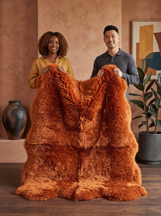 Genuine Burnt Orange Sheepskin Rug – Multi-Pelt Shaggy Wool Area Rug