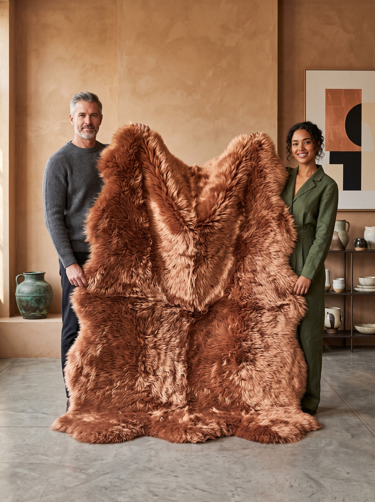A large, fluffy brown sheepskin-style rug or throw is displayed in a warm, modern interior, held up by a man and a woman standing behind it.