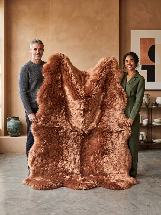 A large, fluffy brown sheepskin-style rug or throw is displayed in a warm, modern interior, held up by a man and a woman standing behind it.