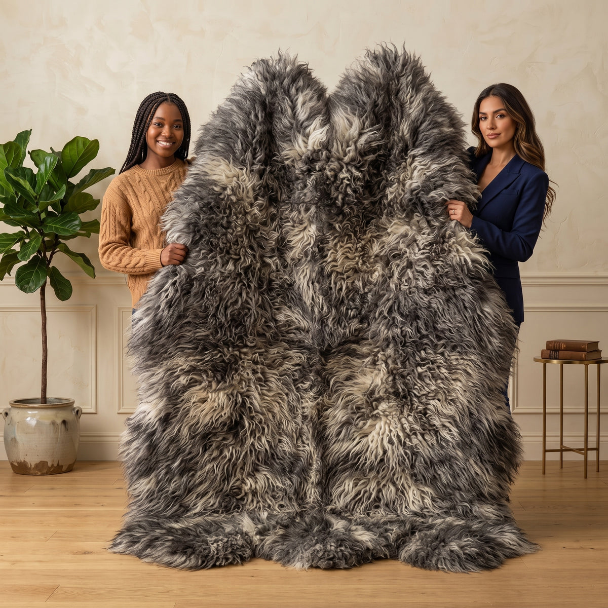 Genuine Two-Tone Sheepskin Rug – Black & White Long Wool Shaggy Area Rug