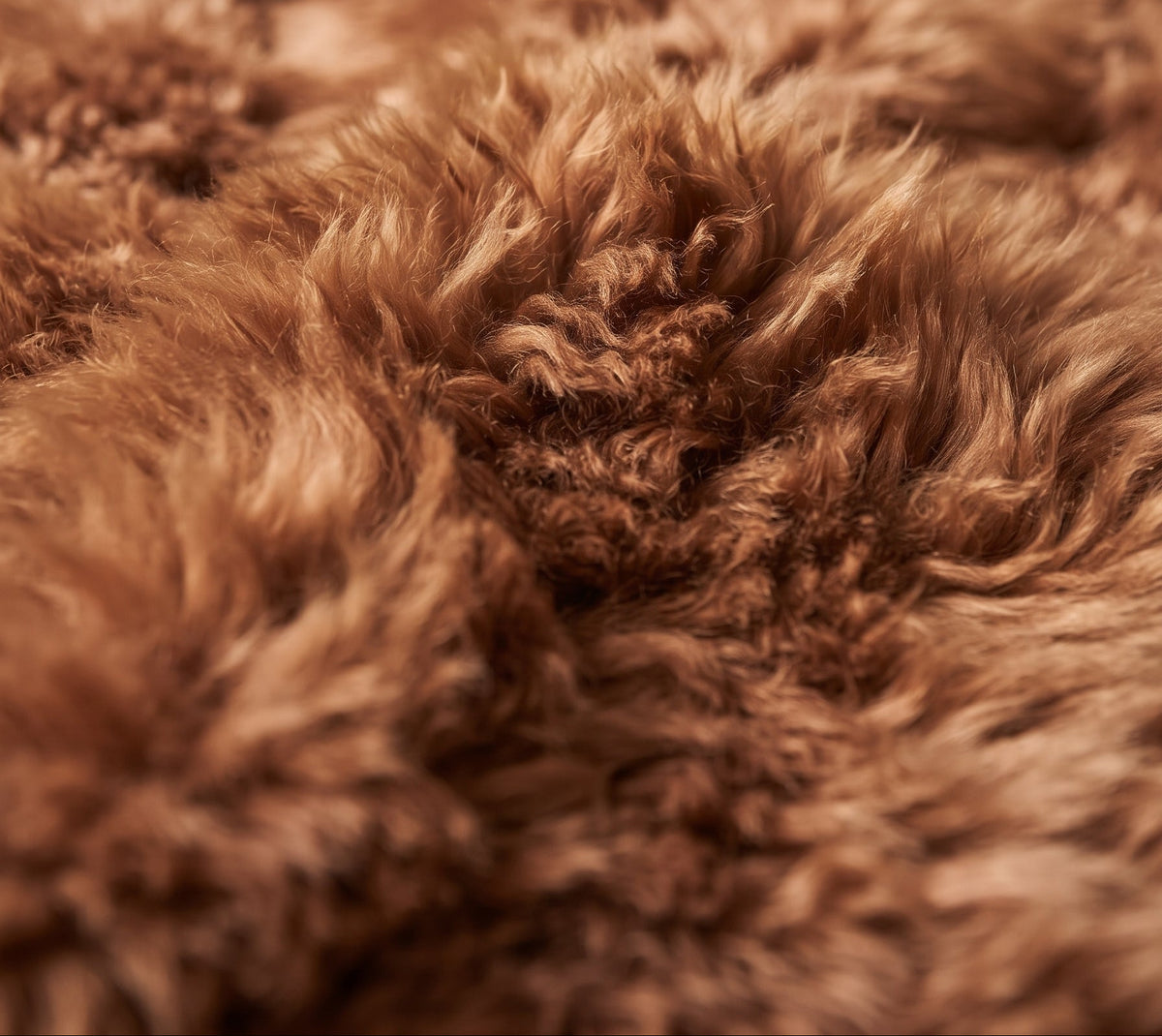 A close-up of a luxurious, shaggy brown faux fur or sheepskin rug in a warm-toned room, with a man and another person partially visible in the background behind the textile.