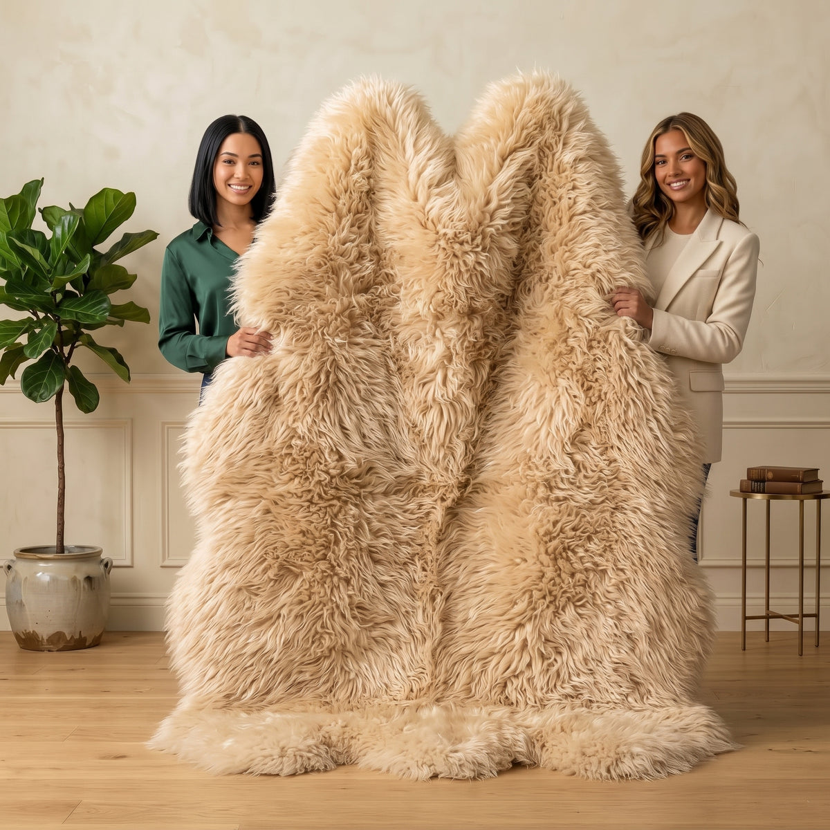 Genuine Champagne Sheepskin Rug – Multi-Pelt Shaggy Wool Area Rug