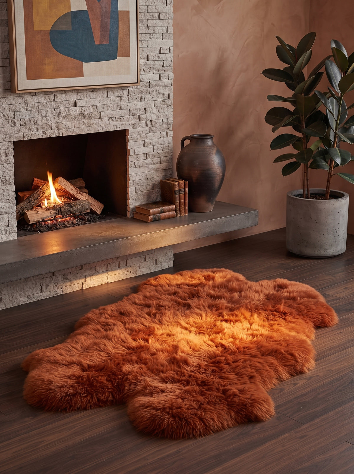 Genuine Burnt Orange Sheepskin Rug – Multi-Pelt Shaggy Wool Area Rug