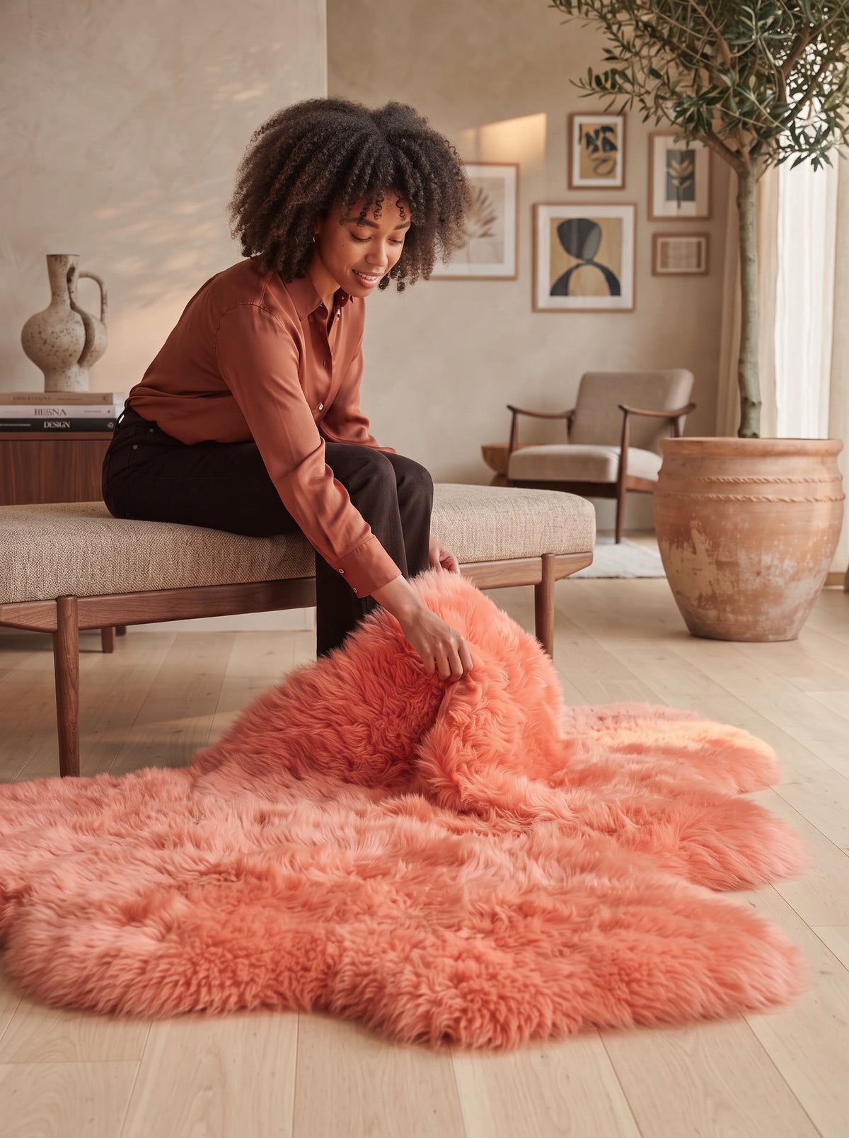 Genuine Coral Pink Sheepskin Rug – Quad-Pelt Shaggy Wool Area Rug