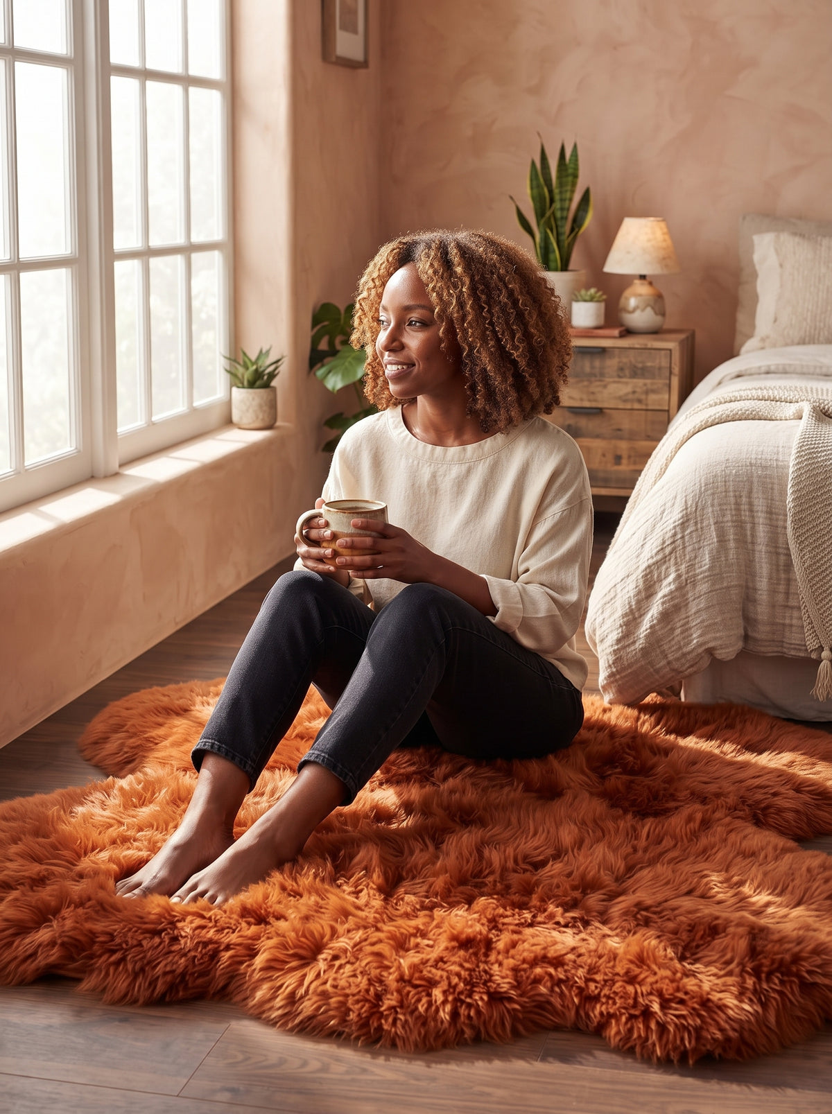 Genuine Burnt Orange Sheepskin Rug – Multi-Pelt Shaggy Wool Area Rug