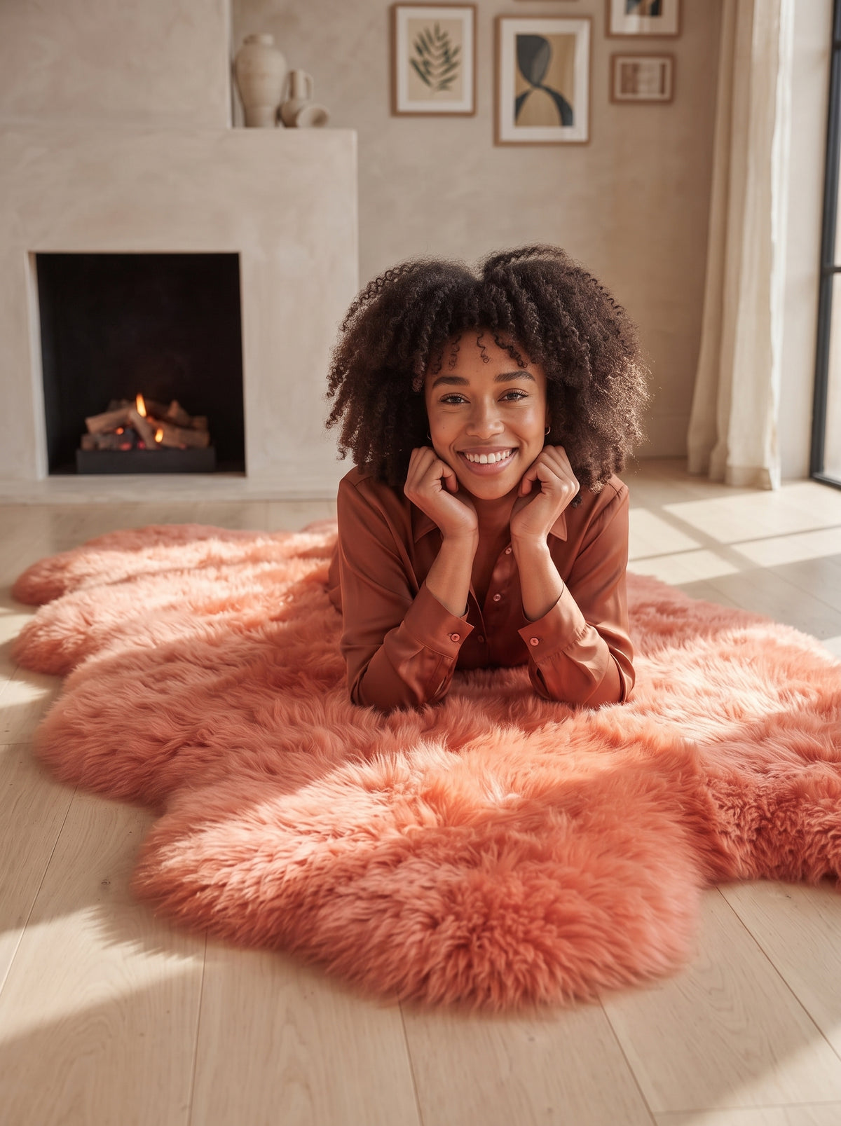 Genuine Coral Pink Sheepskin Rug – Quad-Pelt Shaggy Wool Area Rug