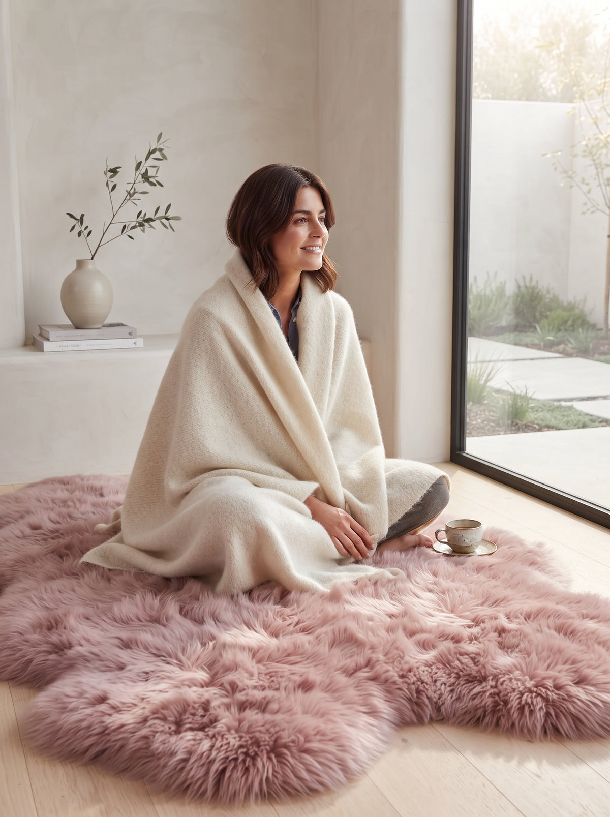 A woman sits cross-legged on a fluffy pink sheepskin rug in a bright, modern room, wrapped in a cream-colored blanket. A small table with a cup is beside her, and a vase with branches sits on a shelf in the background.