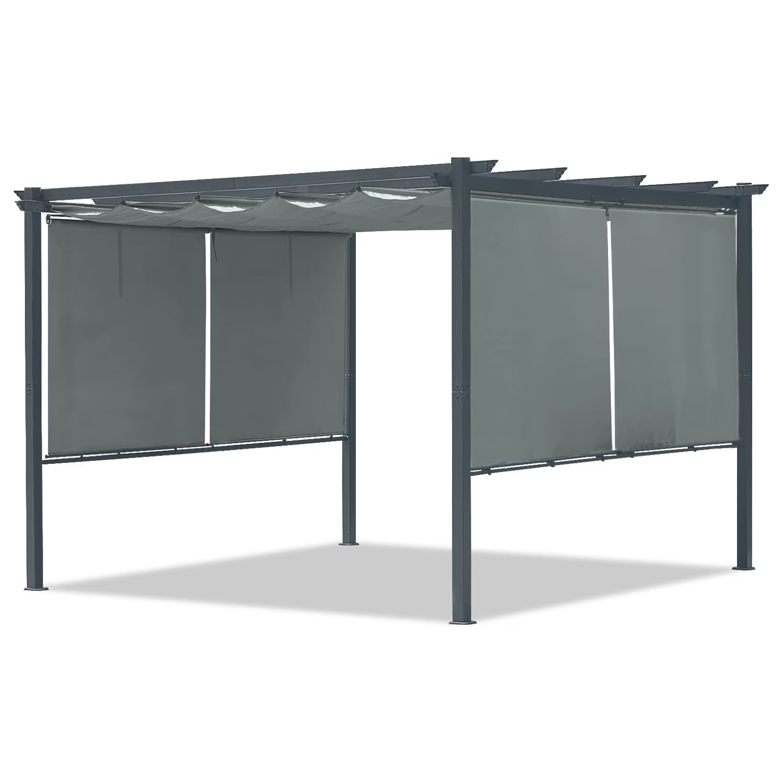 12x12 FT Waterproof Pergola with Retractable Canopy, Dark Gray Aluminum Frame, Roller Shade Curtain for Patio