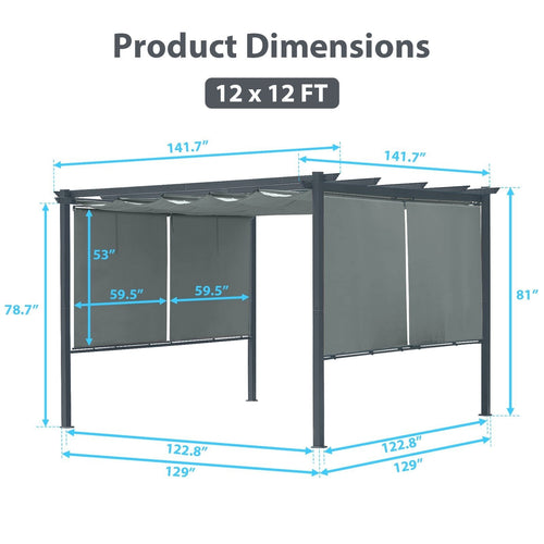 12x12 FT Waterproof Pergola with Retractable Canopy, Dark Gray Aluminum Frame, Roller Shade Curtain for Patio