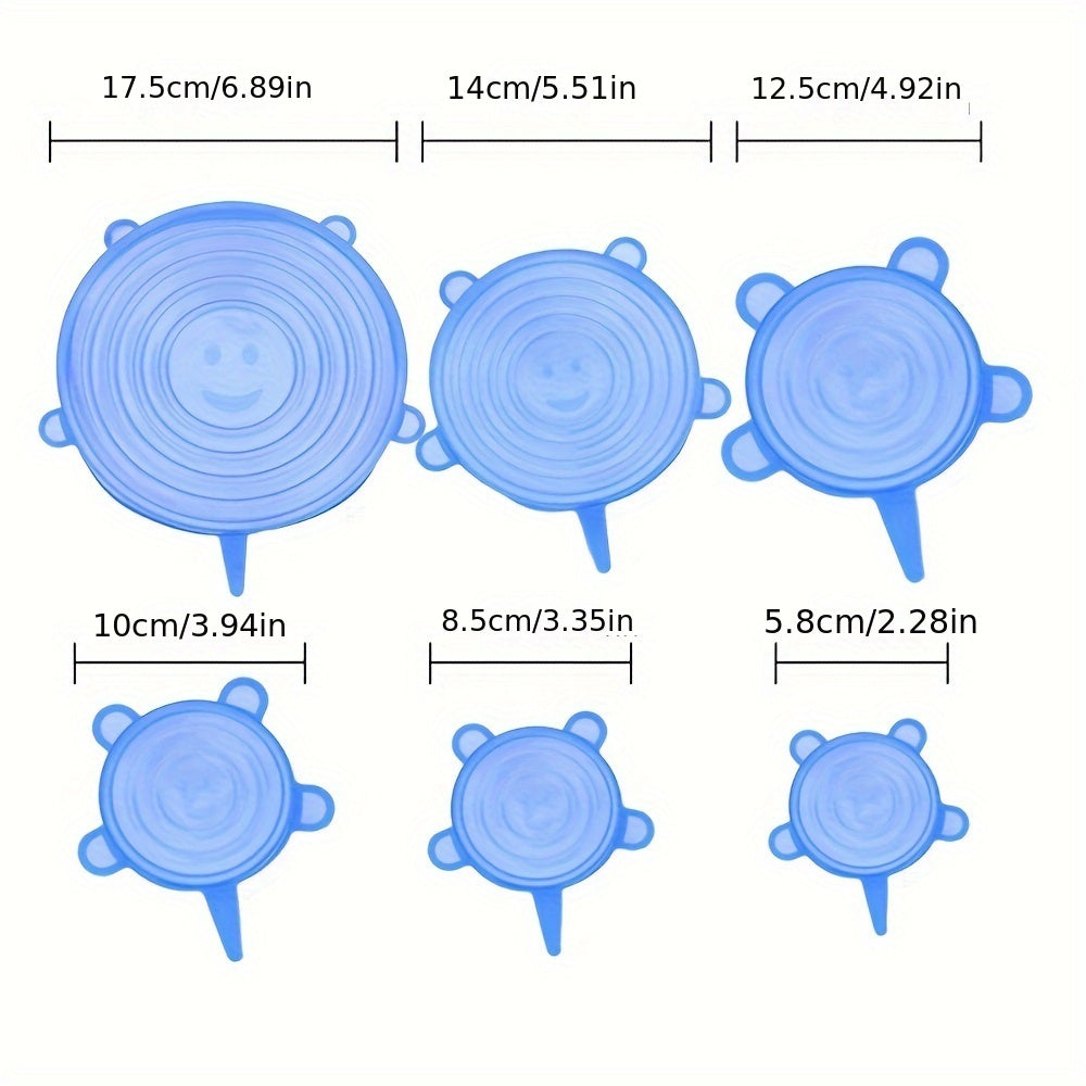 6pcs Silicone Stretch Lids - Reusable Food-Grade Adjustable Bowl Covers, Airtight Stretchable Kitchen Storage Lids for Fruits Vegetables Bowls Jars, High-Quality Freshness Preservation, Versatile Kitchenware | Playful Bear Design | Easyclean Material