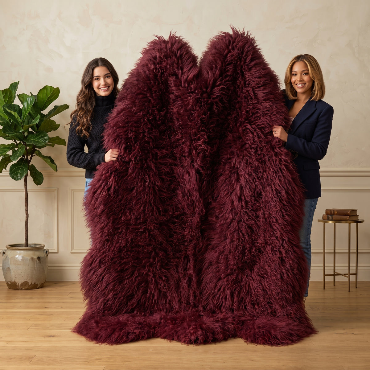 Genuine Burgundy Sheepskin Rug – Multi-Pelt Shaggy Wool Area Rug